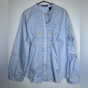 Cottagecore Blue Button Down Blouse with Mandarin Collar. Ruffles. Coquette.